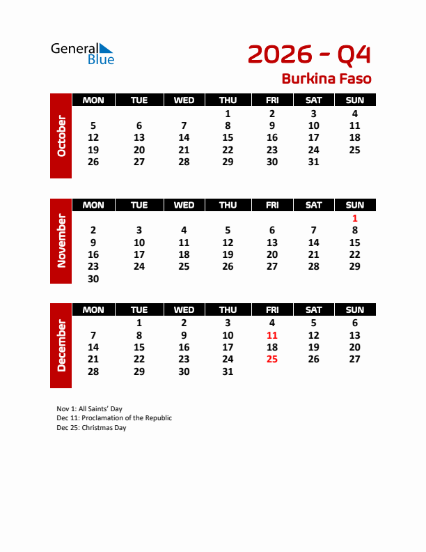 Q4 2026 Calendar with Holidays in Burkina Faso