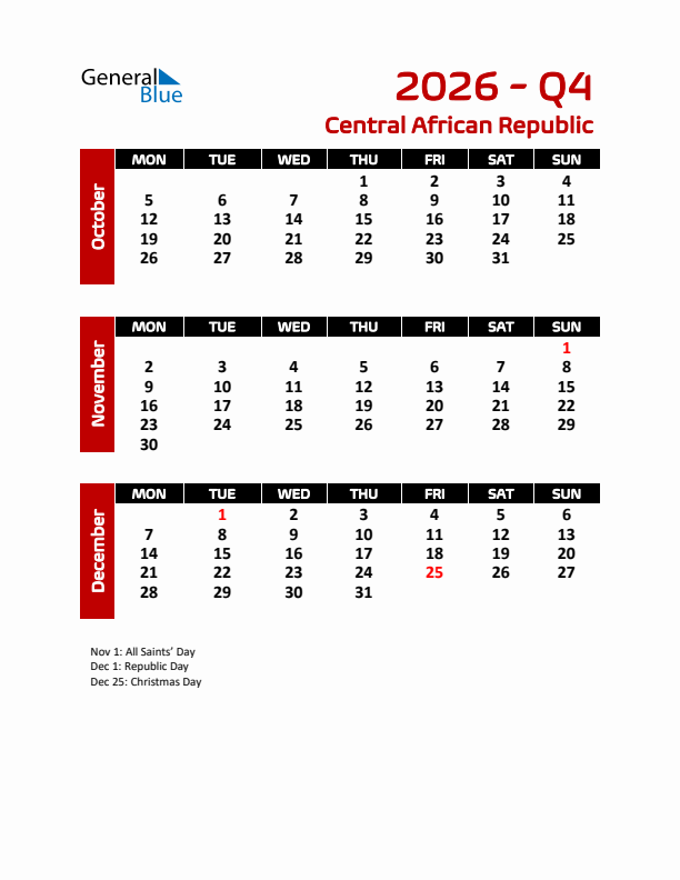 Q4 2026 Calendar with Holidays in Central African Republic