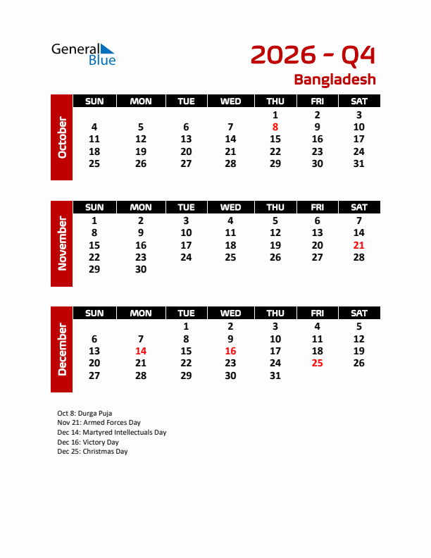 Q4 2026 Calendar with Holidays in Bangladesh