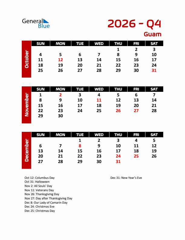 Q4 2026 Calendar with Holidays in Guam