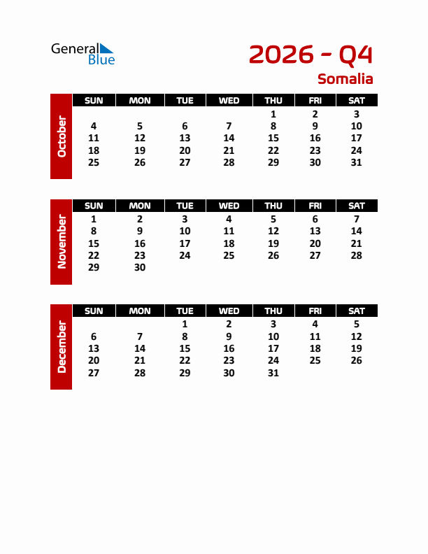 Q4 2026 Calendar with Holidays in Somalia