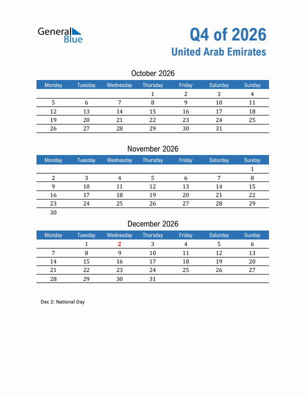 United Arab Emirates Q4 2026 Quarterly Calendar with Monday Start