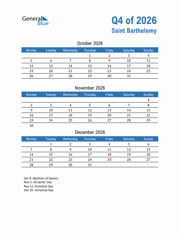 Saint Barthelemy Q4 2026 Quarterly Calendar with Monday Start