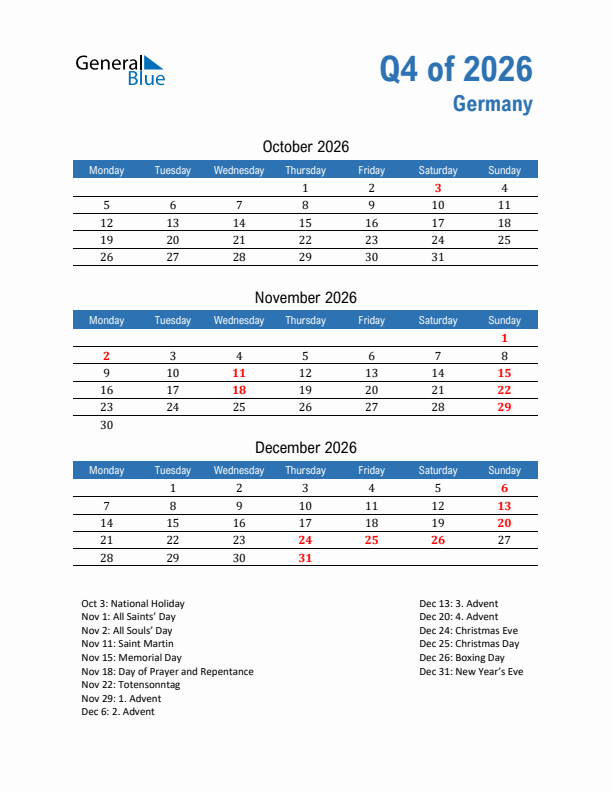 Germany Q4 2026 Quarterly Calendar with Monday Start