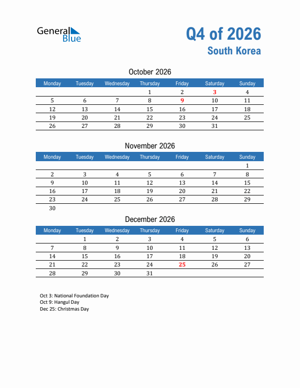 South Korea Q4 2026 Quarterly Calendar with Monday Start