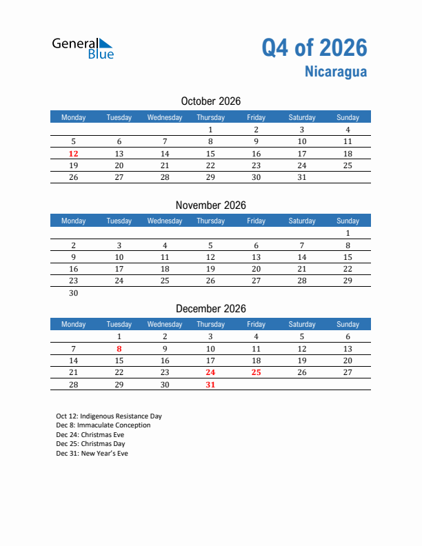 Nicaragua Q4 2026 Quarterly Calendar with Monday Start