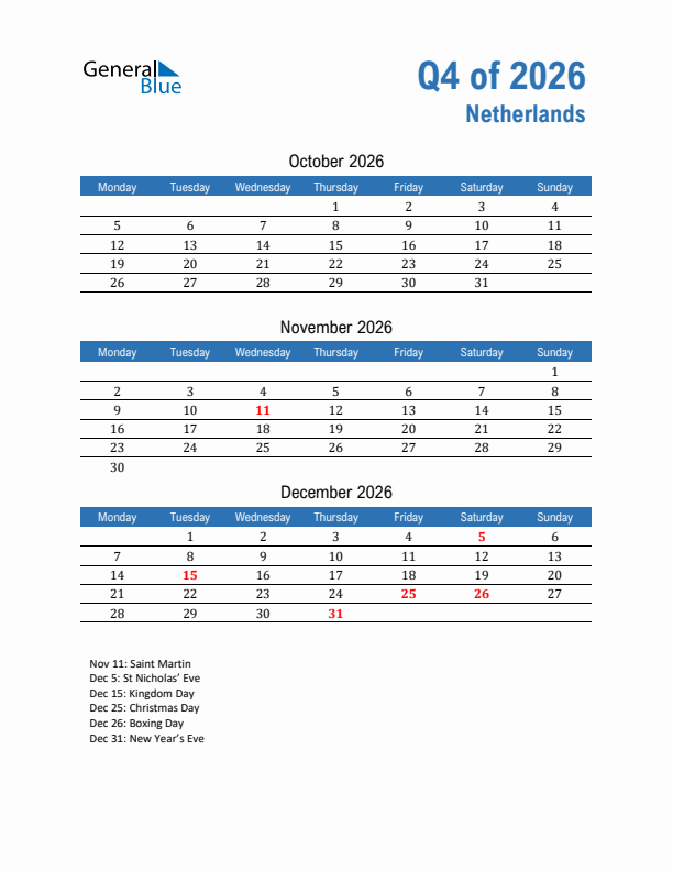 The Netherlands Q4 2026 Quarterly Calendar with Monday Start