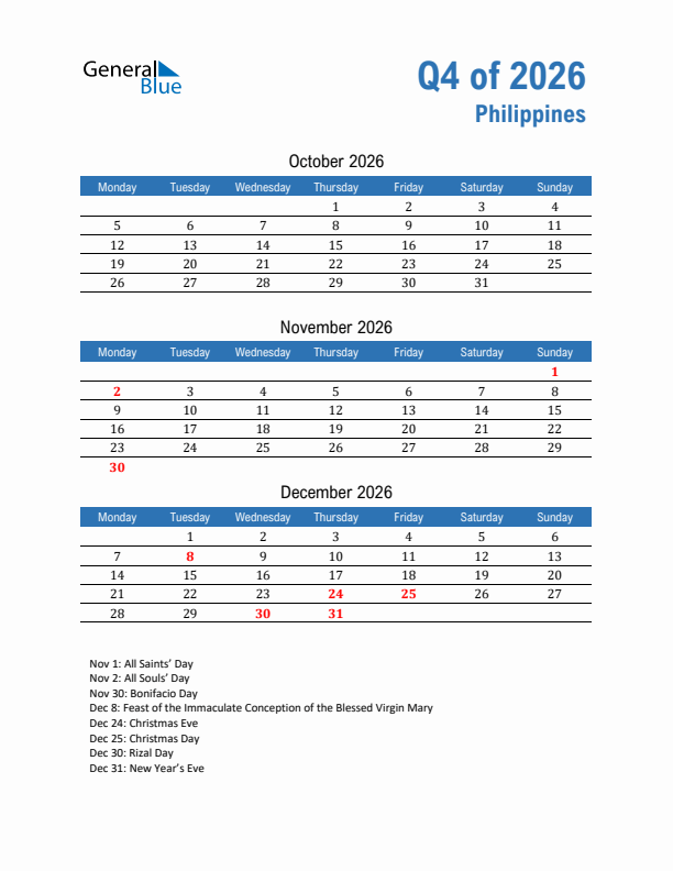 Philippines Q4 2026 Quarterly Calendar with Monday Start