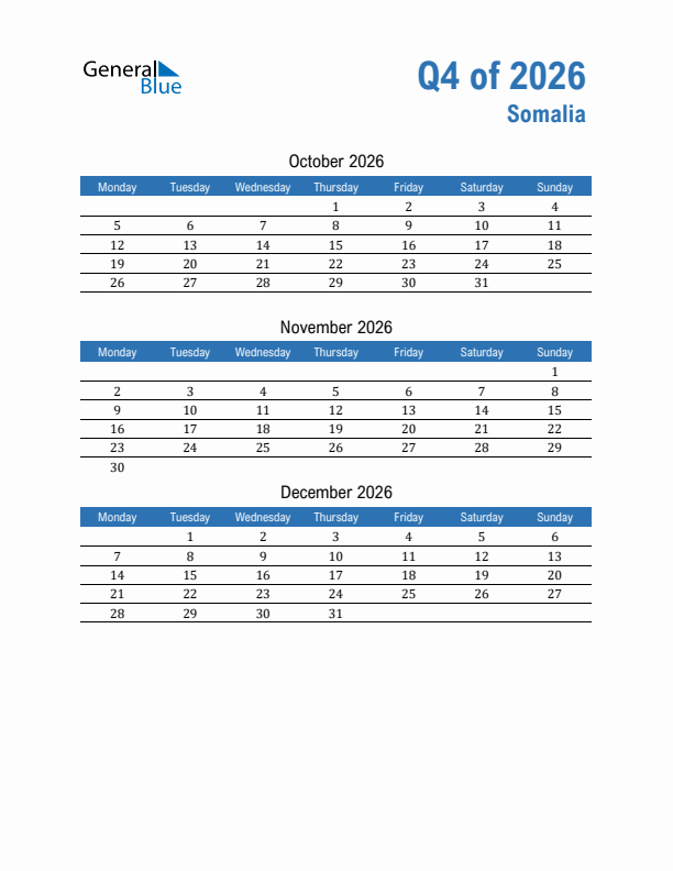 Somalia Q4 2026 Quarterly Calendar with Monday Start