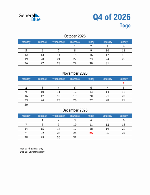 Togo Q4 2026 Quarterly Calendar with Monday Start