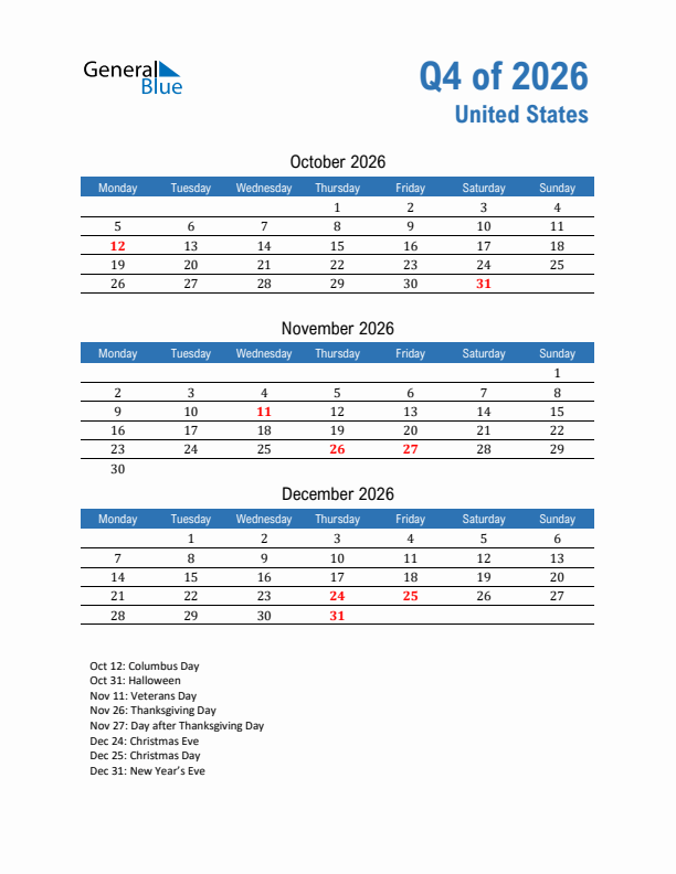 United States Q4 2026 Quarterly Calendar with Monday Start