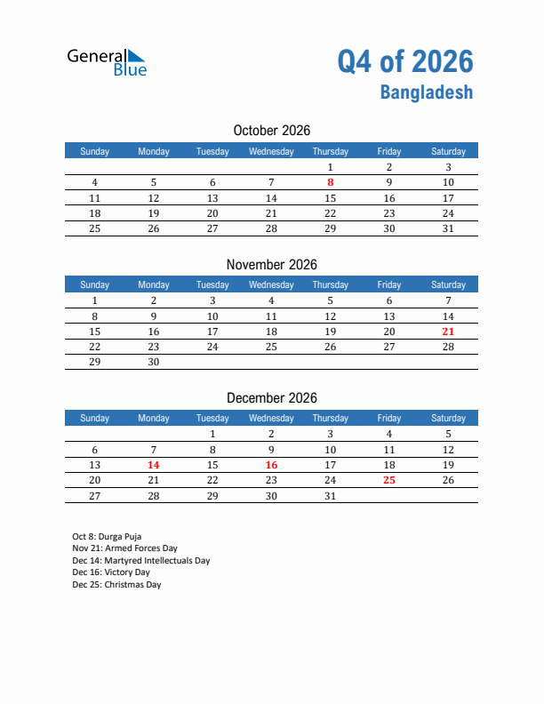 Bangladesh Q4 2026 Quarterly Calendar with Sunday Start