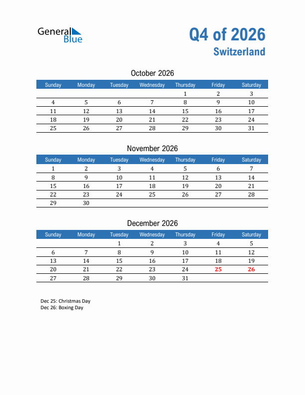 Switzerland Q4 2026 Quarterly Calendar with Sunday Start