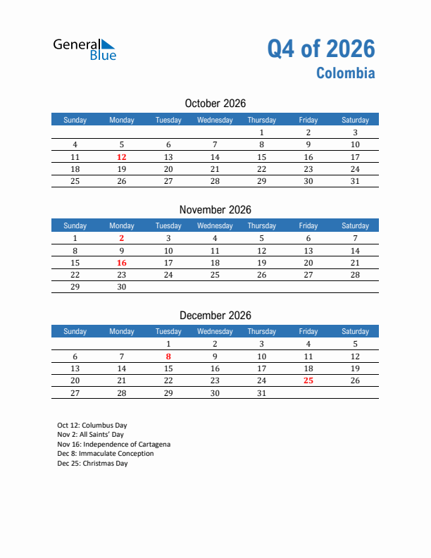 Colombia Q4 2026 Quarterly Calendar with Sunday Start