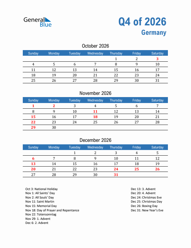 Germany Q4 2026 Quarterly Calendar with Sunday Start