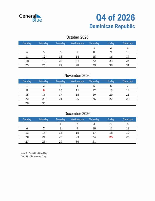 Dominican Republic Q4 2026 Quarterly Calendar with Sunday Start