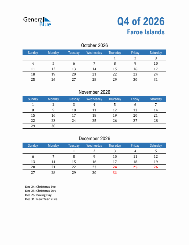 Faroe Islands Q4 2026 Quarterly Calendar with Sunday Start