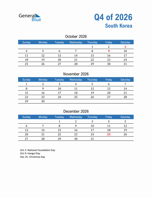 South Korea Q4 2026 Quarterly Calendar with Sunday Start