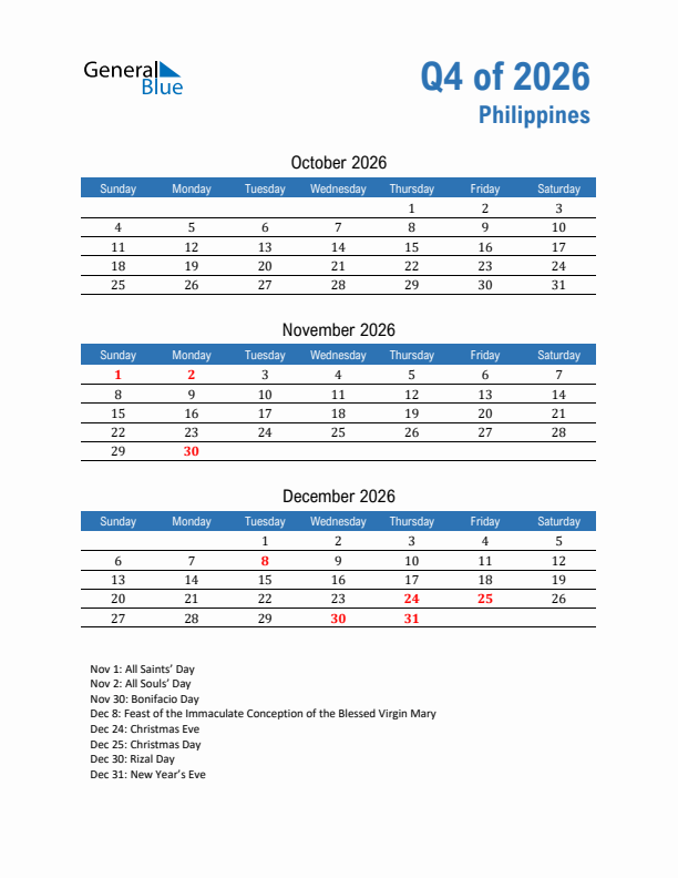 Philippines Q4 2026 Quarterly Calendar with Sunday Start