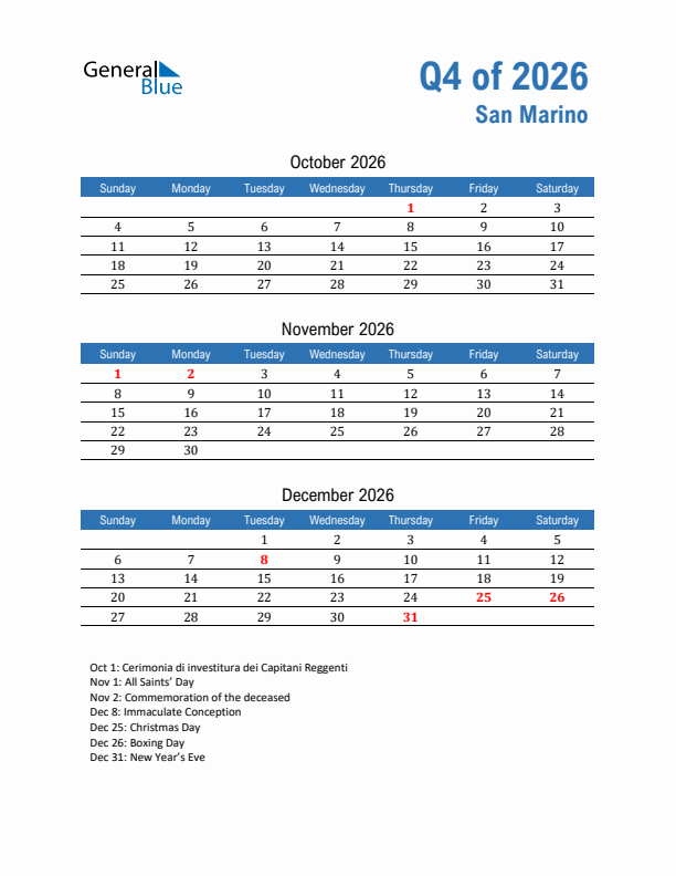 San Marino Q4 2026 Quarterly Calendar with Sunday Start