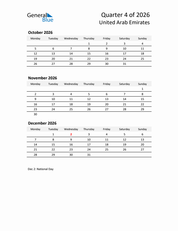 2026 Q4 Three-Month Calendar for United Arab Emirates