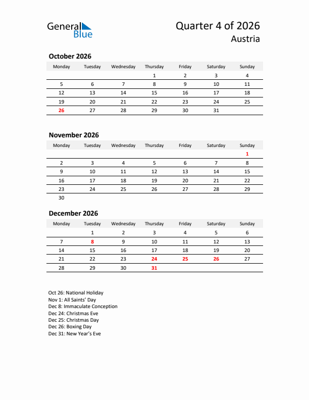 2026 Q4 Three-Month Calendar for Austria