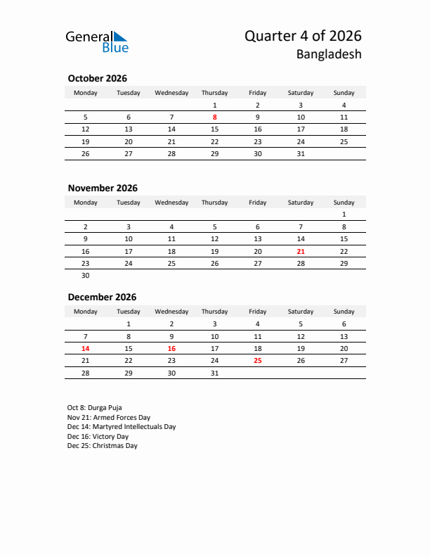 2026 Q4 Three-Month Calendar for Bangladesh