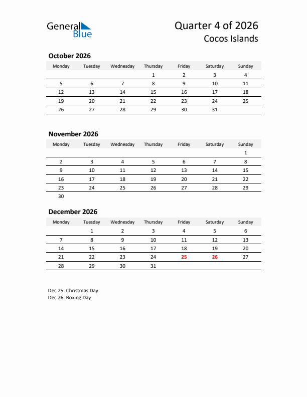 2026 Q4 Three-Month Calendar for Cocos Islands