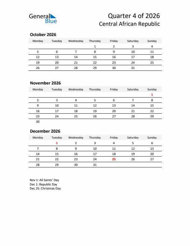 2026 Q4 Three-Month Calendar for Central African Republic