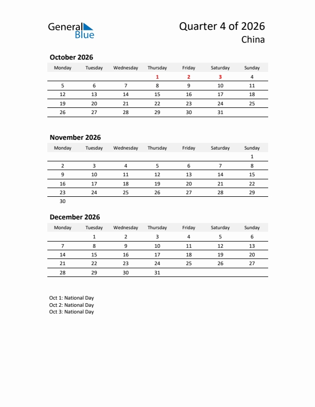 2026 Q4 Three-Month Calendar for China