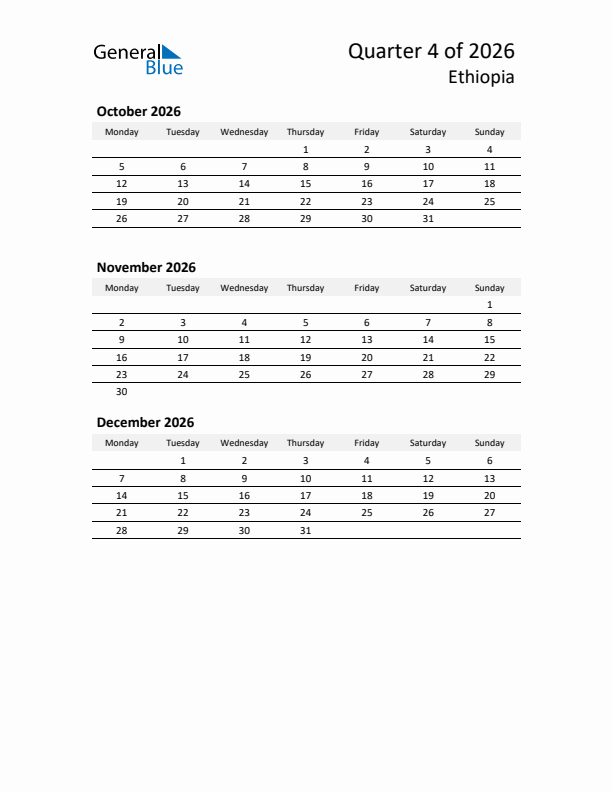 2026 Q4 Three-Month Calendar for Ethiopia