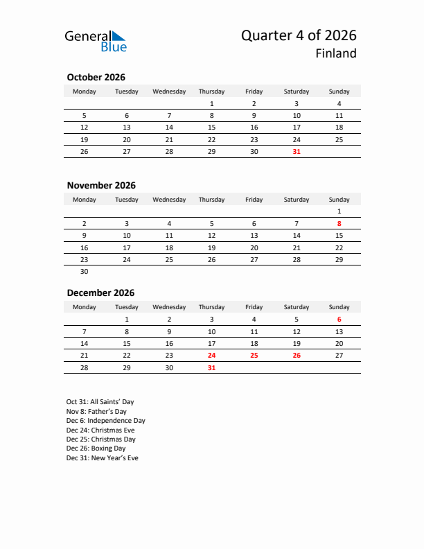 2026 Q4 Three-Month Calendar for Finland