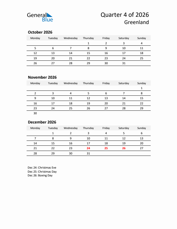 2026 Q4 Three-Month Calendar for Greenland