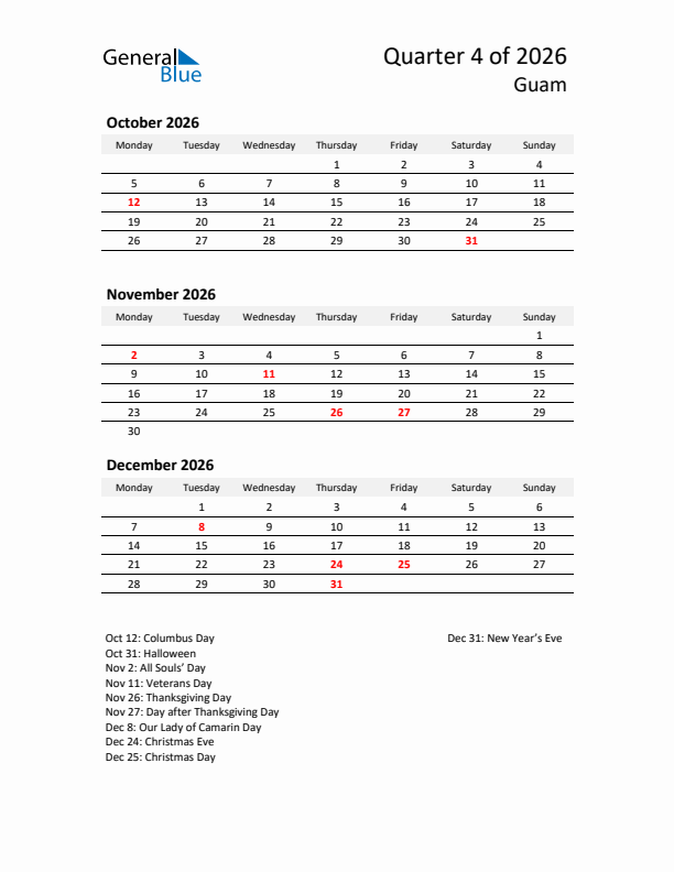 2026 Q4 Three-Month Calendar for Guam