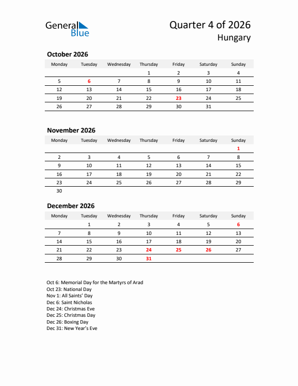 2026 Q4 Three-Month Calendar for Hungary