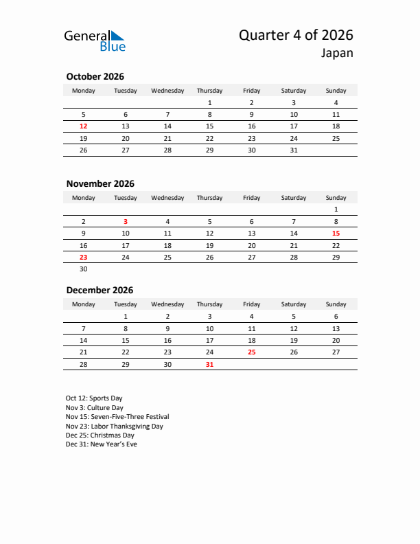 2026 Q4 Three-Month Calendar for Japan