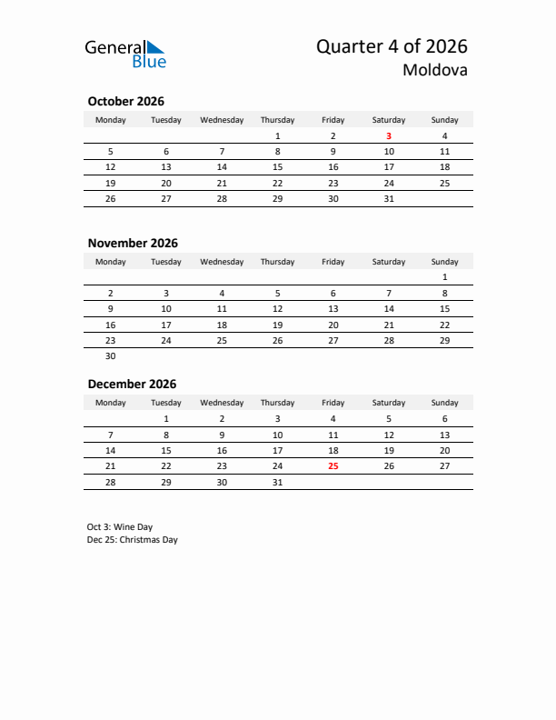 2026 Q4 Three-Month Calendar for Moldova