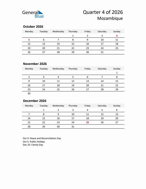 2026 Q4 Three-Month Calendar for Mozambique