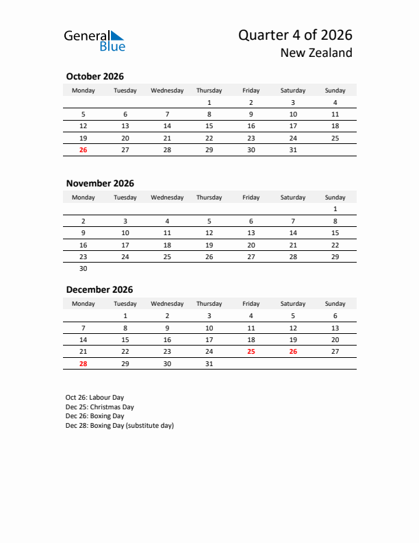 2026 Q4 Three-Month Calendar for New Zealand