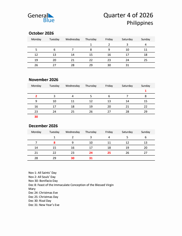 2026 Q4 Three-Month Calendar for Philippines