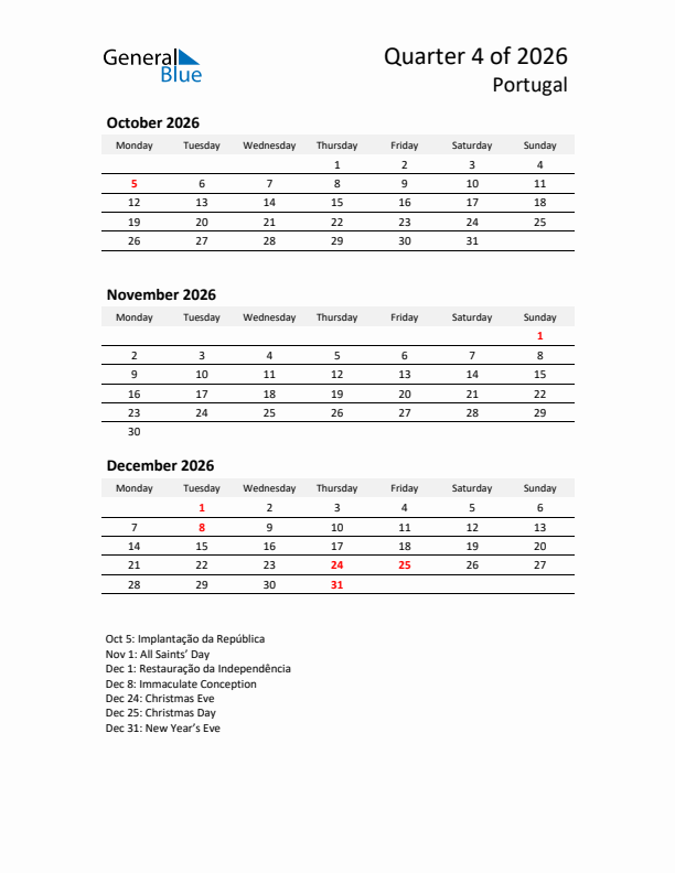 2026 Q4 Three-Month Calendar for Portugal