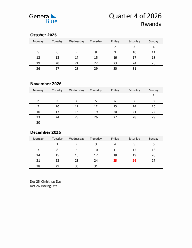 2026 Q4 Three-Month Calendar for Rwanda