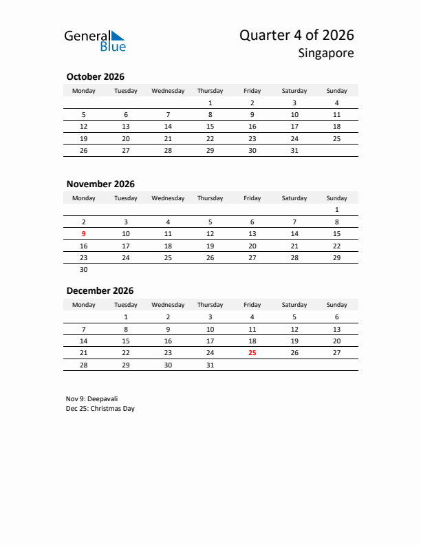 2026 Q4 Three-Month Calendar for Singapore