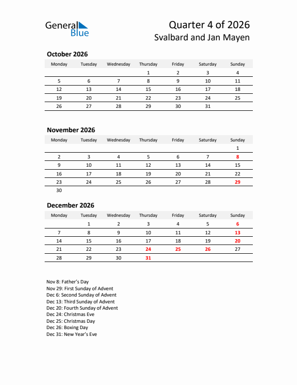 2026 Q4 Three-Month Calendar for Svalbard and Jan Mayen