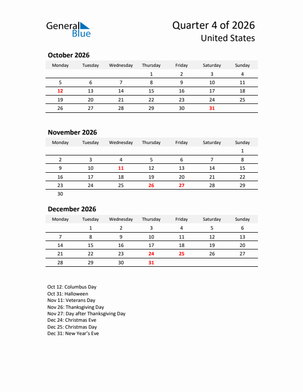 2026 Q4 Three-Month Calendar for United States