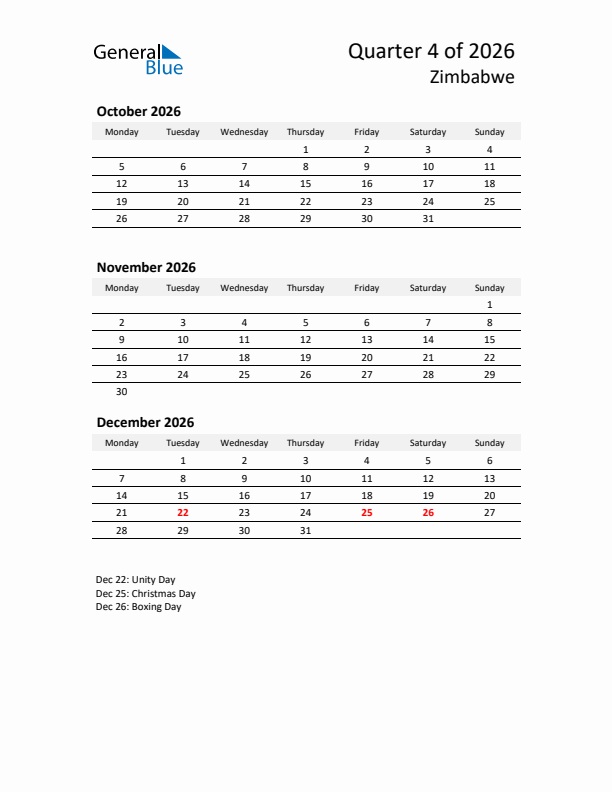 2026 Q4 Three-Month Calendar for Zimbabwe