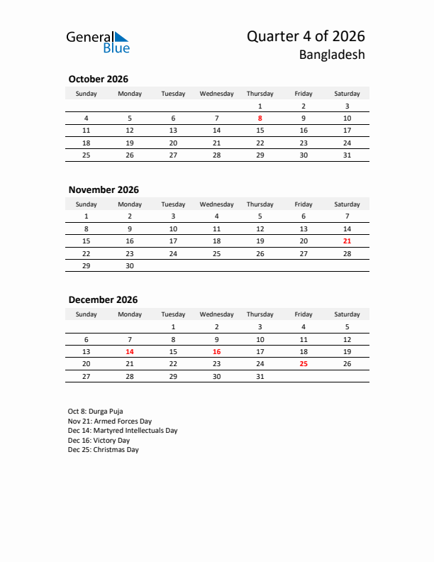 2026 Q4 Three-Month Calendar for Bangladesh