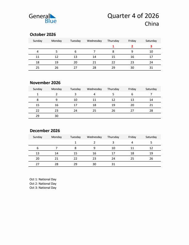 2026 Q4 Three-Month Calendar for China