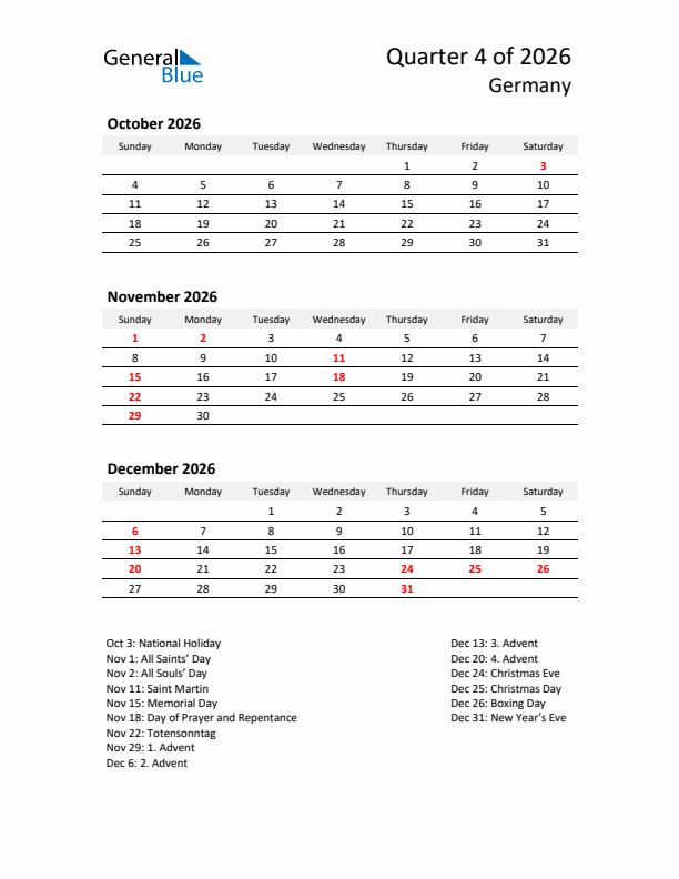 2026 Q4 Three-Month Calendar for Germany