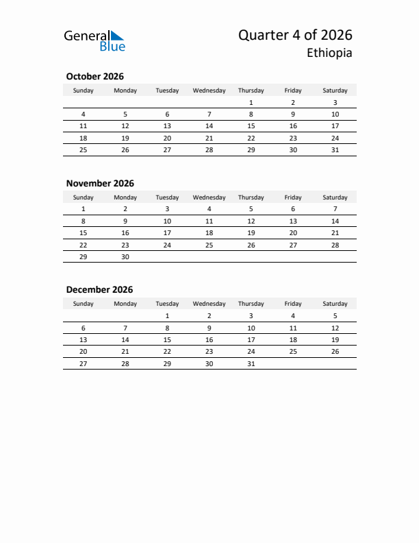 2026 Q4 Three-Month Calendar for Ethiopia